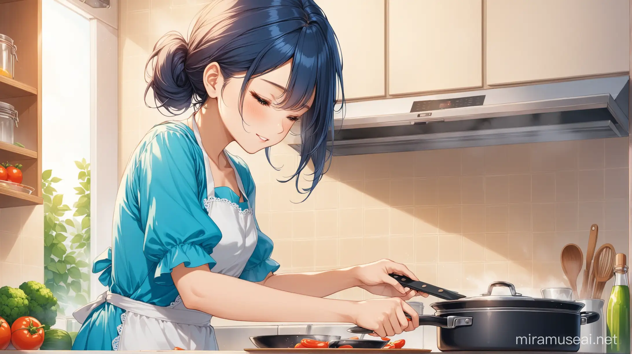 A girl is cooking in the kitchen, wearing a blue dress and an apron.