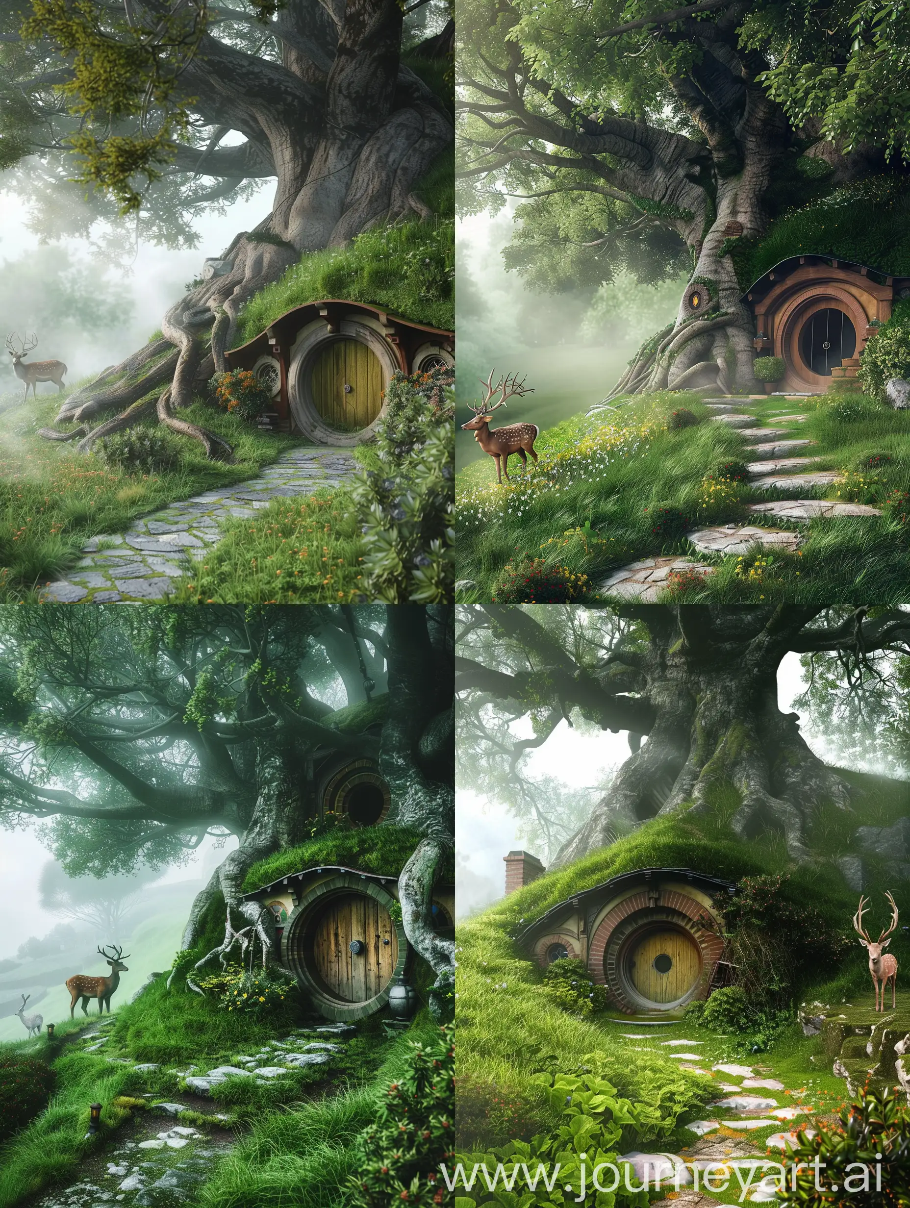 A cozy hobbit-style house built into a grassy hillside with a round door, surrounded by a lush garden, large old tree with thick roots, misty atmosphere, a stone pathway, a deer standing quietly, and a whimsical, fairy-tale feel to the environment.