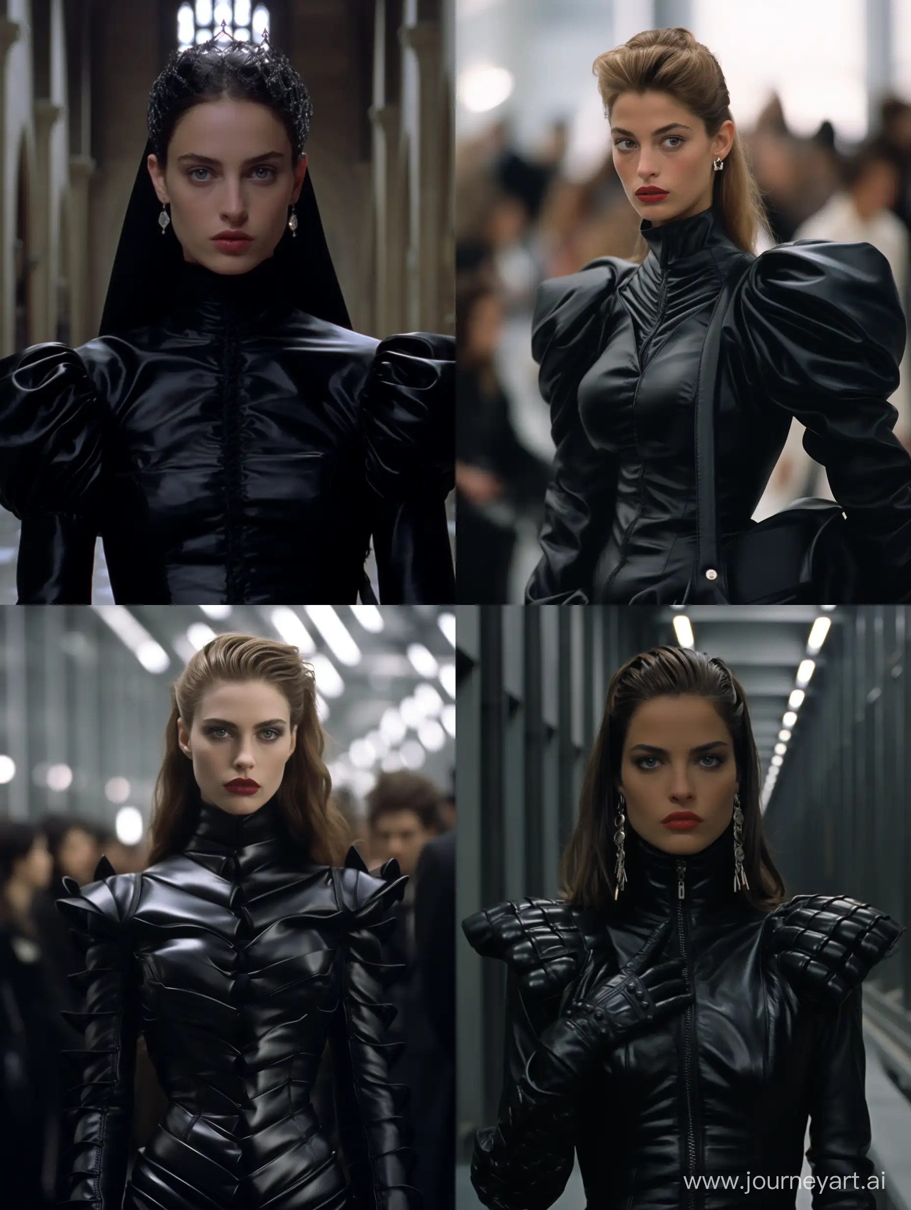 1990 screengrab of female model Hermione Grandger wearing grotesque black Balenciaga dress, fashion movie scene Balenciaga commercial