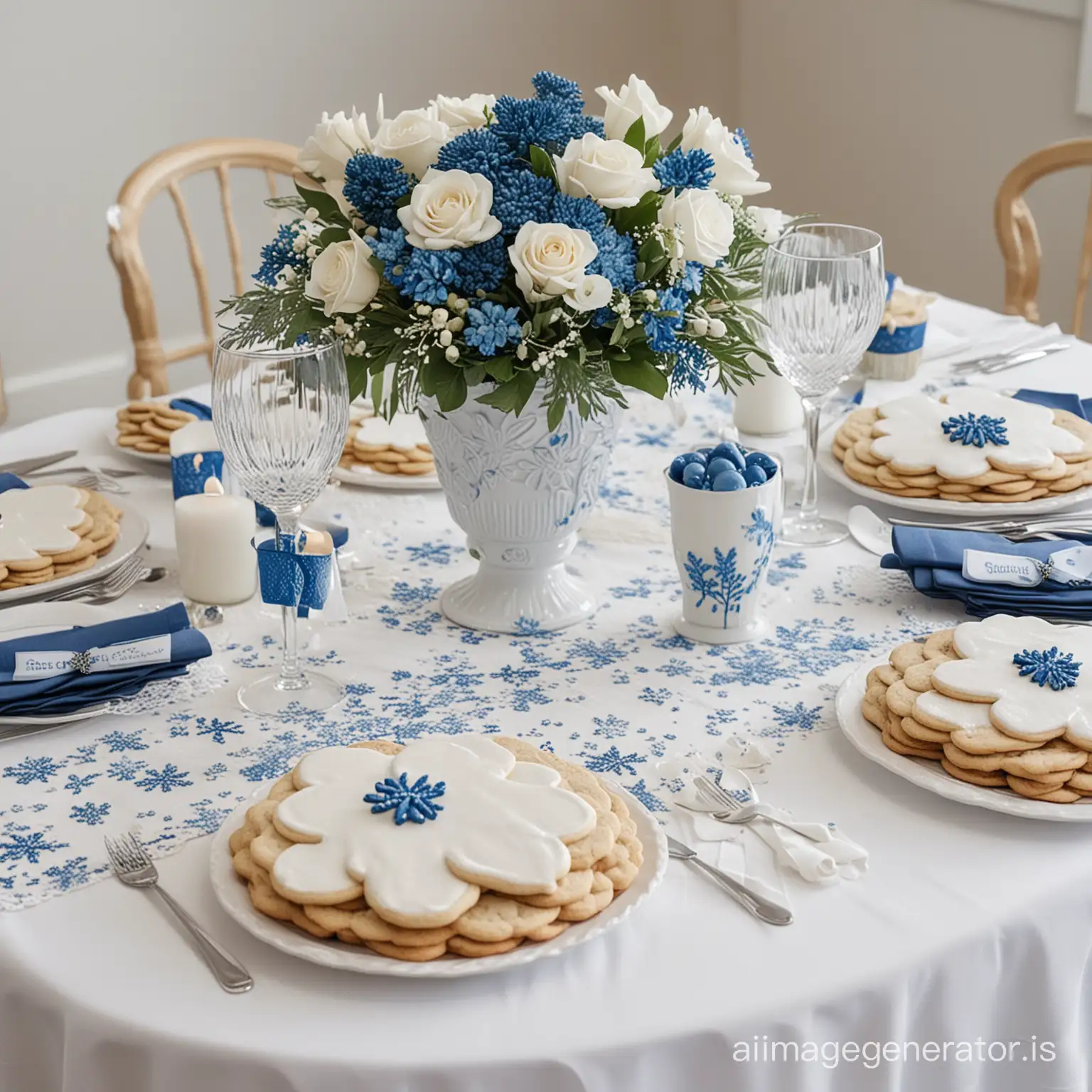 a wedding table with white tablecloth and blue accents with a winter centerpiece theme of sugar cookies with white frosting and blue accents