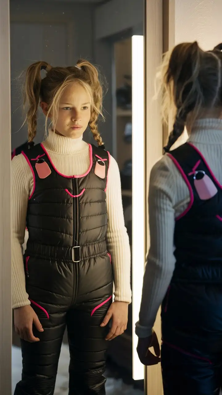 A teenage Swedish woman wearing shiny black ski bibs with pink sections and a thin white turtleneck. The ski bibs are thick and insulated and have a satiny sheen. The ski bibs have a tightly cinched matching belt.

She is in a dressing room with a full length mirror. She is getting ready to go outside in the cold weather. She is not wearing makeup.

Her hair is in high pigtails. She is impatient or annoyed.