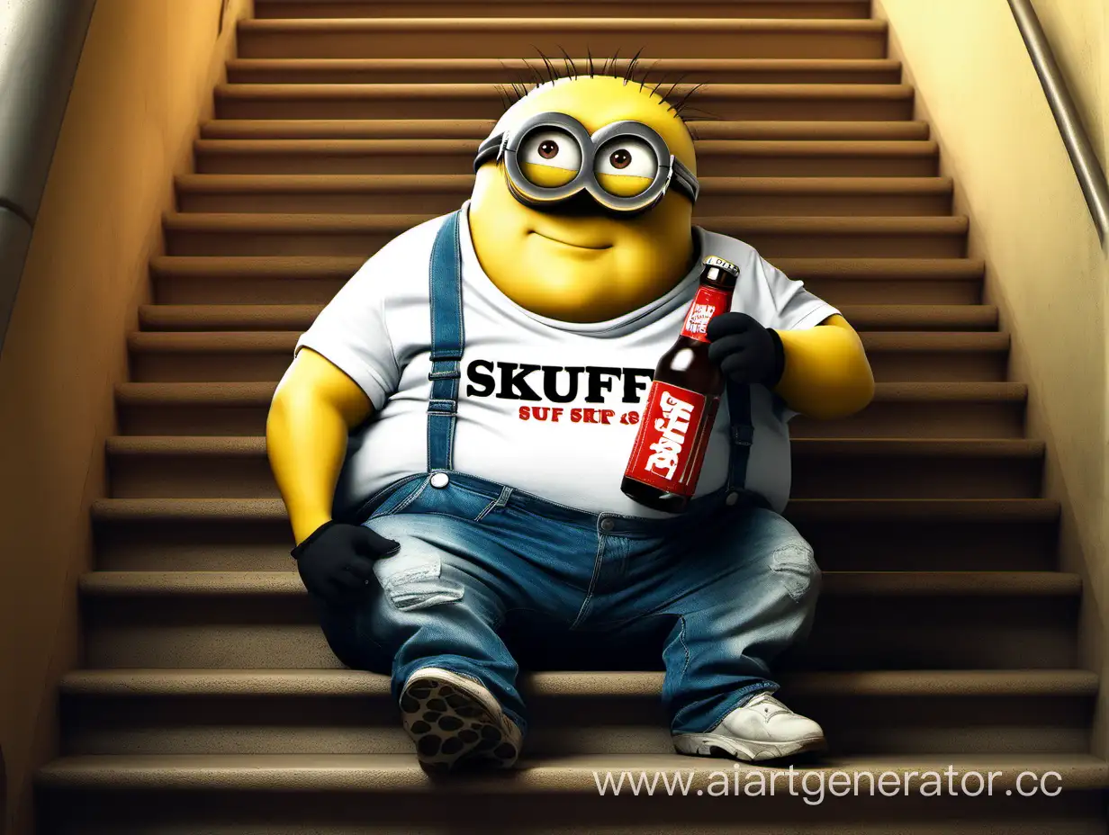 Humorous-Illustration-of-an-Overweight-Minion-with-SKUFF-Shirt-Drinking-Beer-on-Stairs