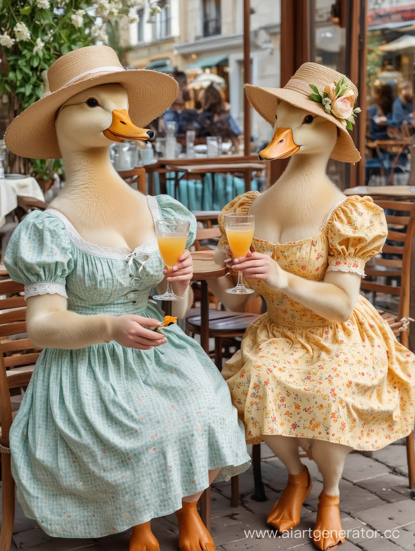 Две утки в человеческих женских сарафанах, две утки в шляпках и платьях , утки протягивают бокал с  коктейлем, сидят на фоне ресторана, нежные весенние