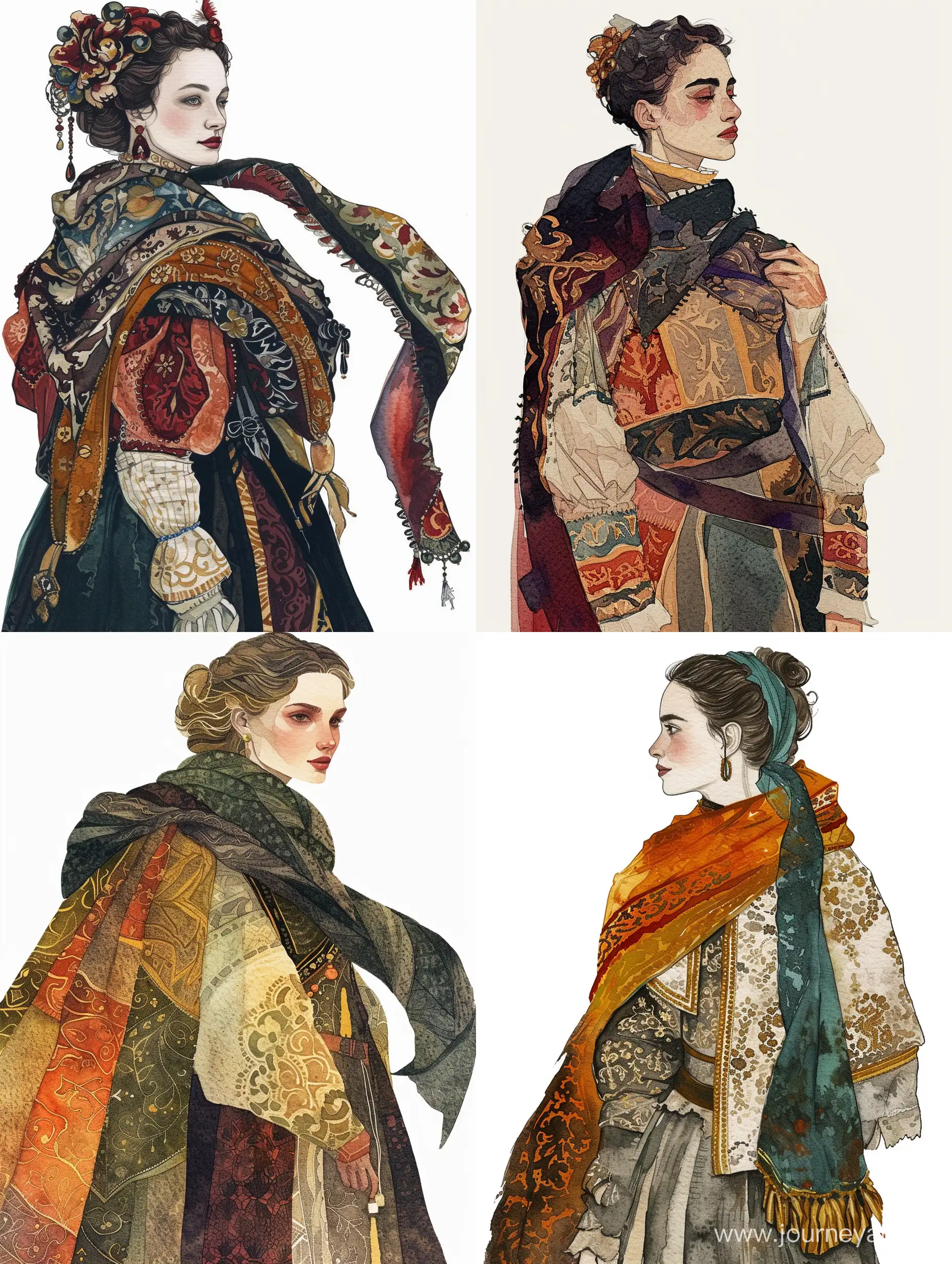 ornamental portrait of the ancient queen of Poland from the waist up, with a scarf over her shoulder, in rich clothes, watercolor style, decorative flat illustration, Victor Ngai style