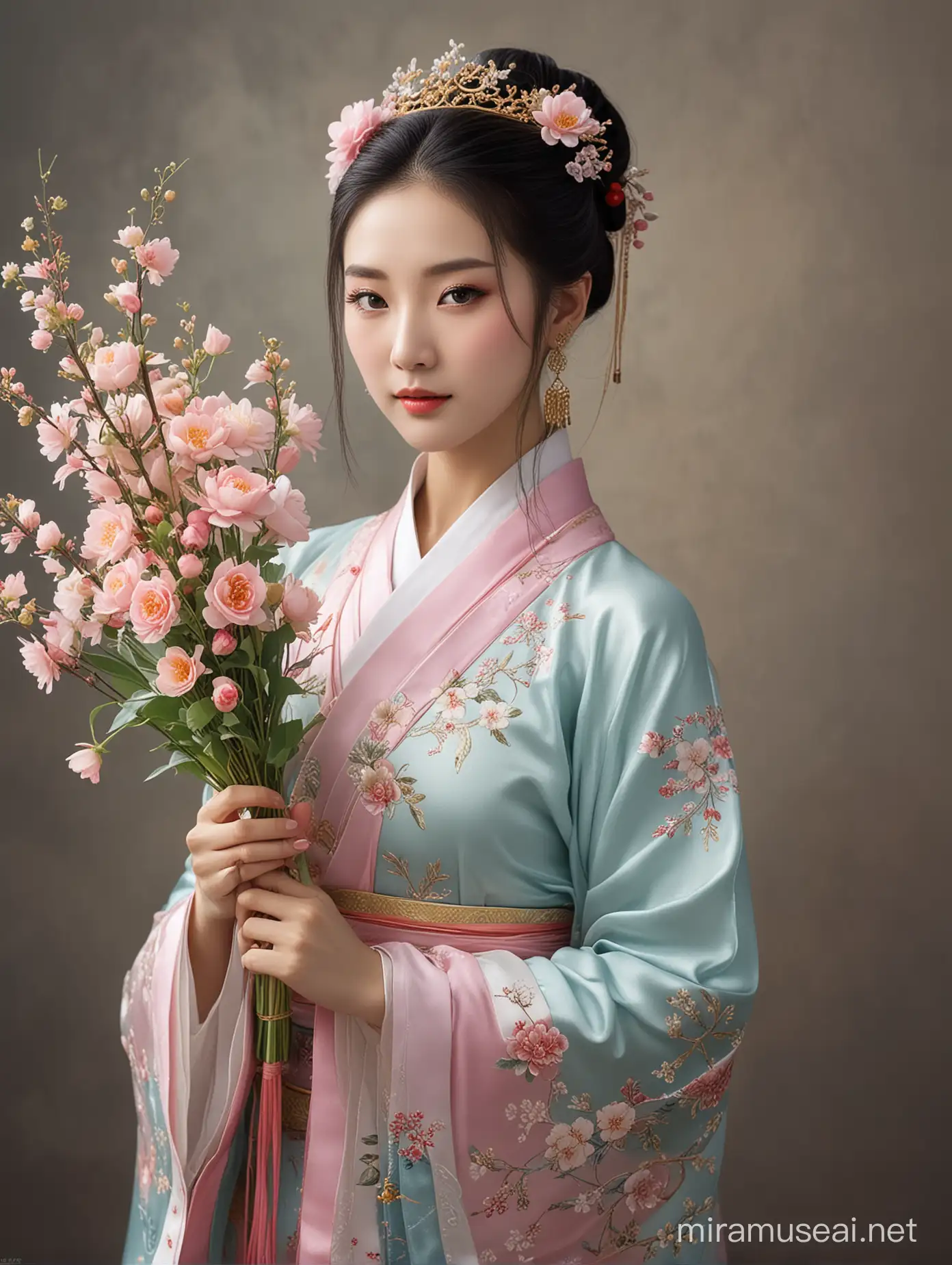 beautiful woman in traditional Chinese dress holding a bouquet of flowers, palace of a girl in a hanfu, ancient Chinese princess, Chinese princess, beautiful fantasy empress, tang dynasty beautiful appearance, Chinese style, ancient Asian dynasty princess, ancient Chinese beauty, ((beautiful fantasy empress))  , chinese girl, chinese empress, traditional beauty, beautiful goddess, realistic, 16k.