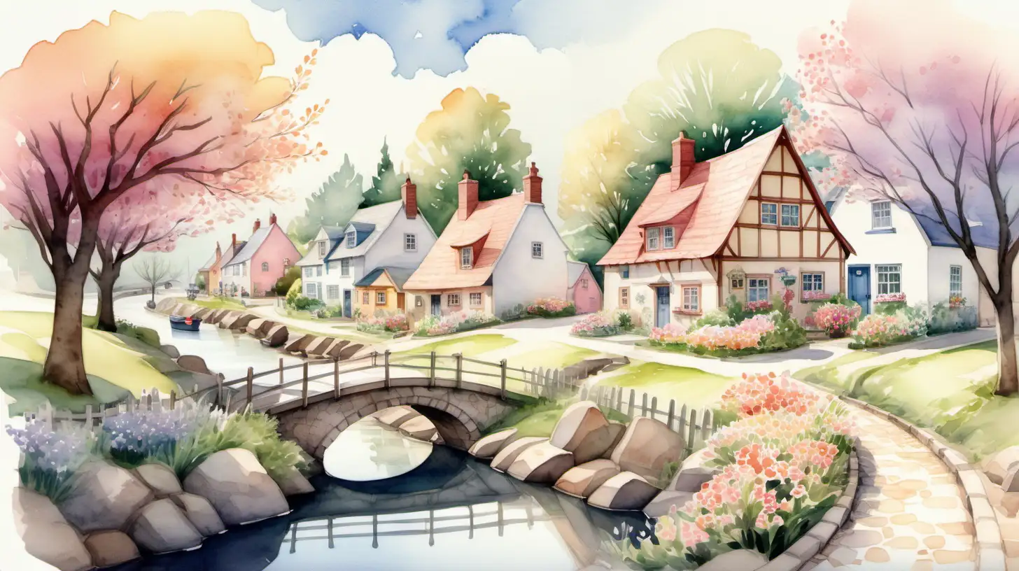 /imagine prompt: A watercolor illustration of a quaint village in spring, bright florals, cobblestone paths, whimsical charm, storybook style. Pastel-colored cottages, blossoming trees, a winding stream, villagers in vintage attire, soft sunlight, peaceful atmosphere --v 6.0