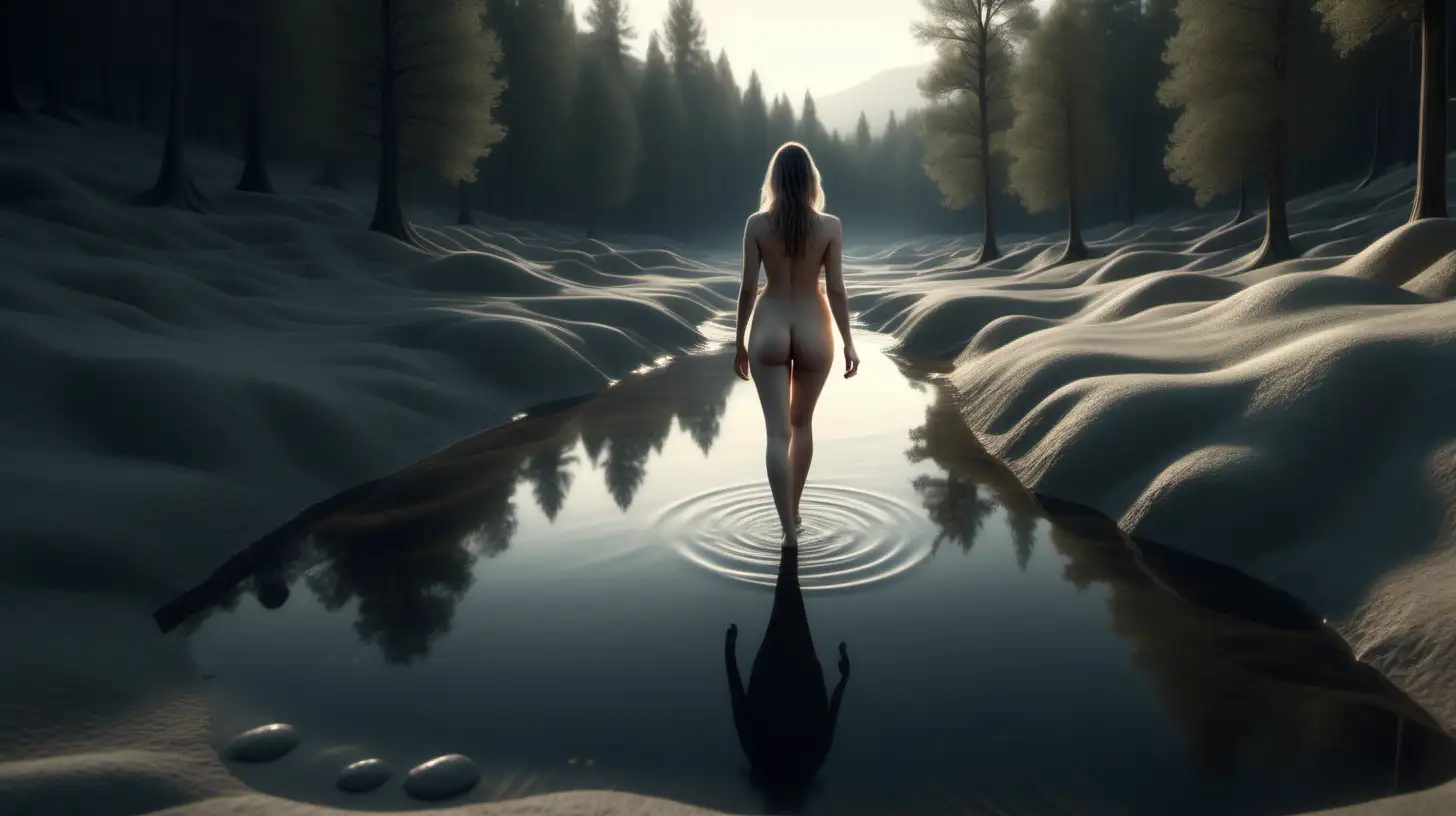 Serene landscape, nude woman walking in center and looking away from viewer, fractal creek water, taken with DSLR camera, vast, realistic lighting, 4k, cinematic lighting