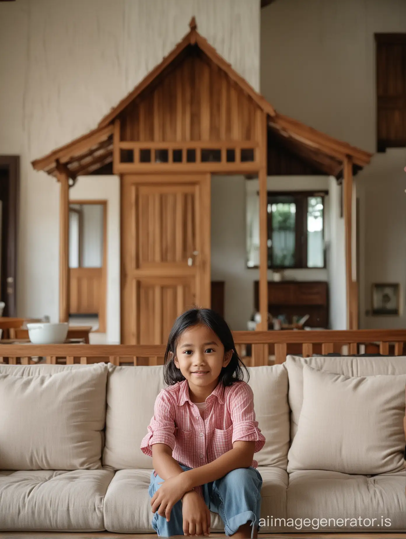 Seorang anak perempuan indonesia berusia 6 tahun pakaian casual duduk di sofa dengan background rumah kayu klasik