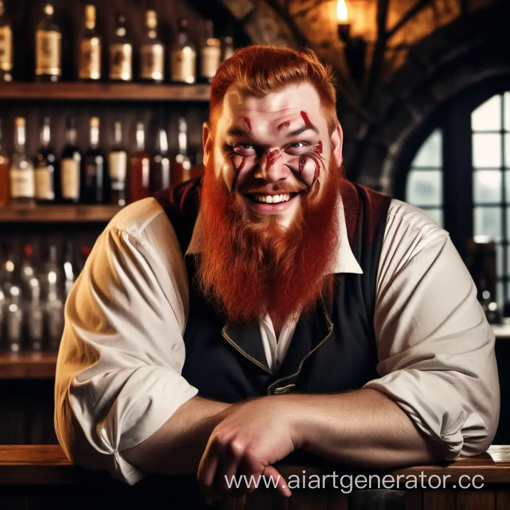 Большой мужчина бармен за барной стойкой в средневековой таверне, рыжая борода, на лице шрам, улыбка
