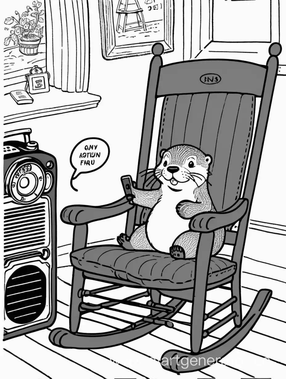 маленькая выдра сидит  кресле качалке, рядом стоит радио, мини-комикс