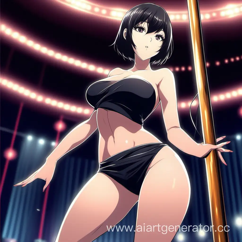Высокая красивая аниме девушка с чёрными
короткими волосами, большой пышной грудью, с широким тазом танцует на шесте в клубе.