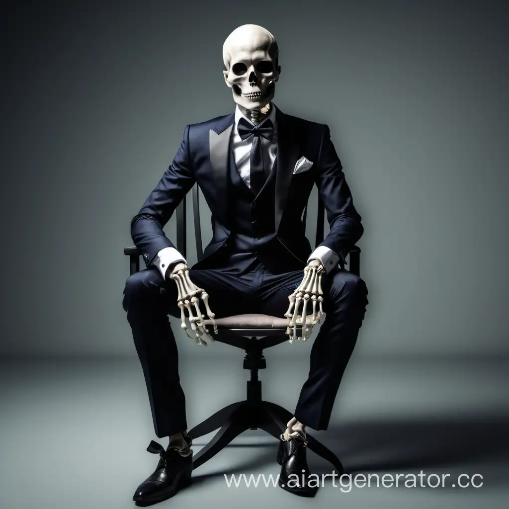 skeleton wearing a fancy formal suit and shirt. sitting on a chair. empty room only has one chair. fancy clothes and outfits. Handsome skeleton.