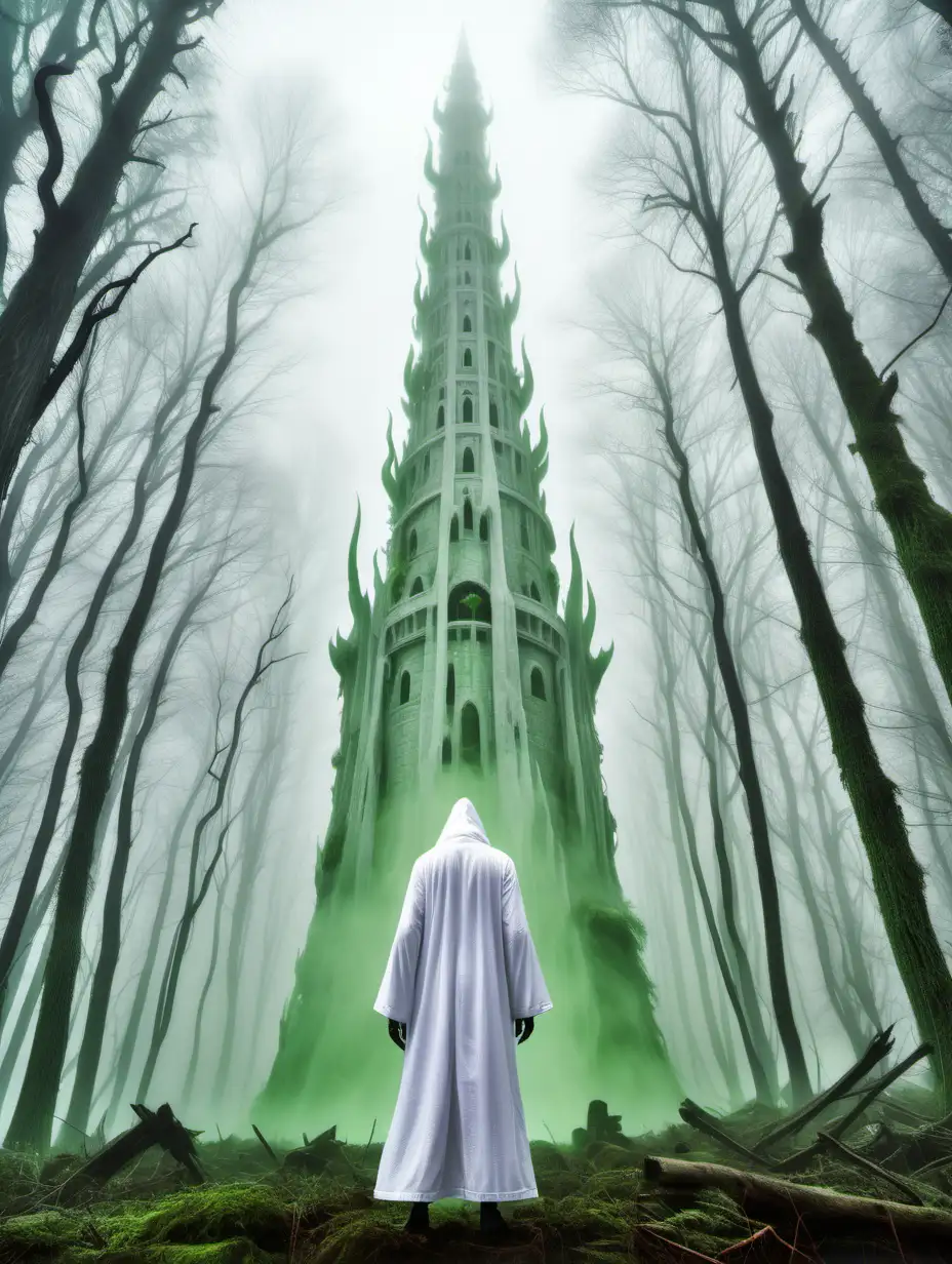 criatura delgada de color verde, vestido con una tunica blanca, en una bosque lleno de niebla y detras suya una enorme torre blanca