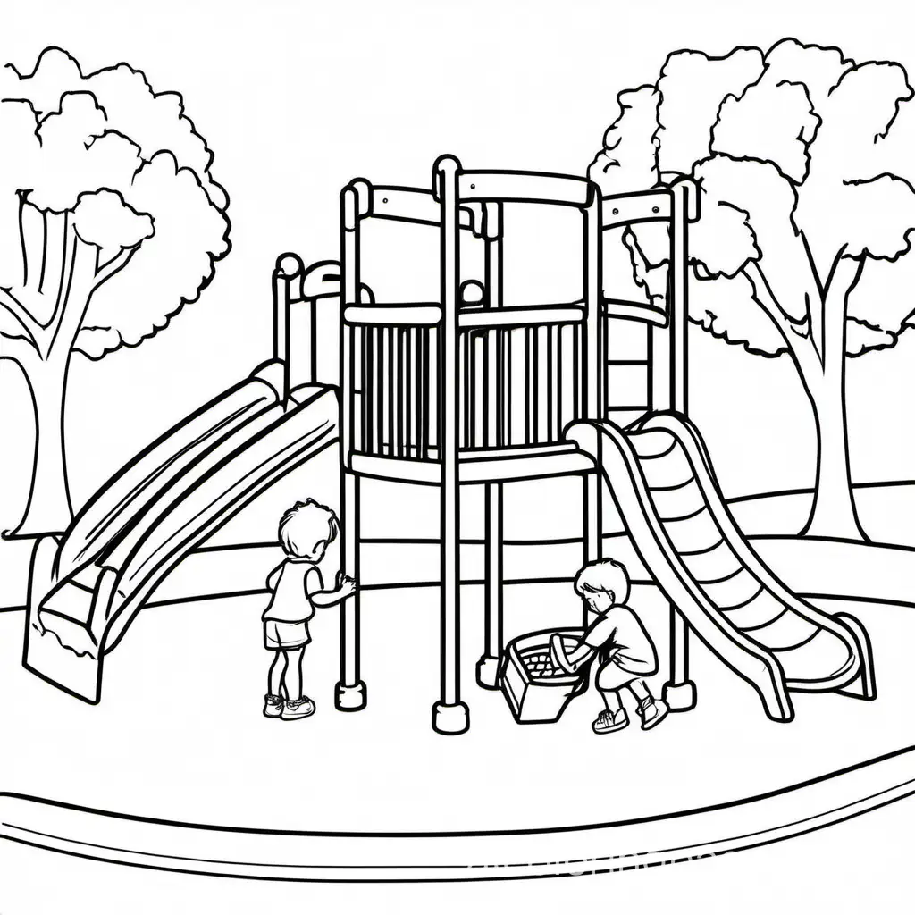 kids at playground, Coloring Page, black and white, line art, white background, Simplicity, Ample White Space. The background of the coloring page is plain white to make it easy for young children to color within the lines. The outlines of all the subjects are easy to distinguish, making it simple for kids to color without too much difficulty