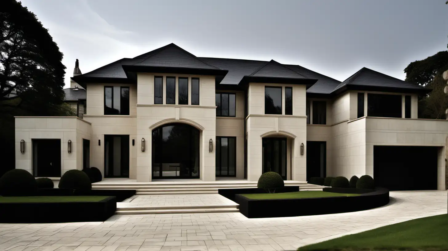 classic contemporary home; beige, black, limestone