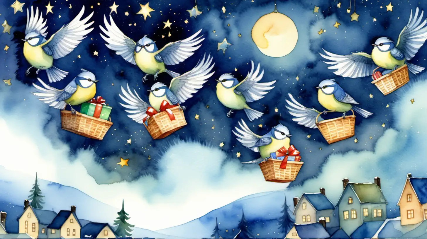 A watercolor picture for a storybook of a flock of blue tits flying through the night sky all carrying baskets filled with presents