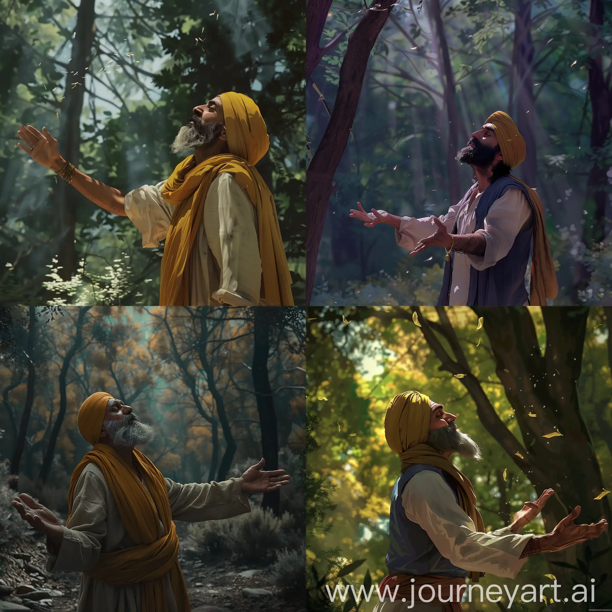 Serene scene: Sikh man begging with his arms out, asking for forgiveness , in a forest scenery looking up to the sky rendered in hyper-realistic photorealism cartoon style ai art 