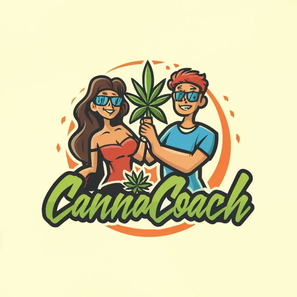 a logo design, with the text 'Canna Coach24', main symbol: Please add a couple who is holding a juicy cannabis plant in its flower with thick, sticky buds in a clay pot. The woman is thick and the guy wears nerdy glasses. Use a cleaner font for the text. , complex, clear background