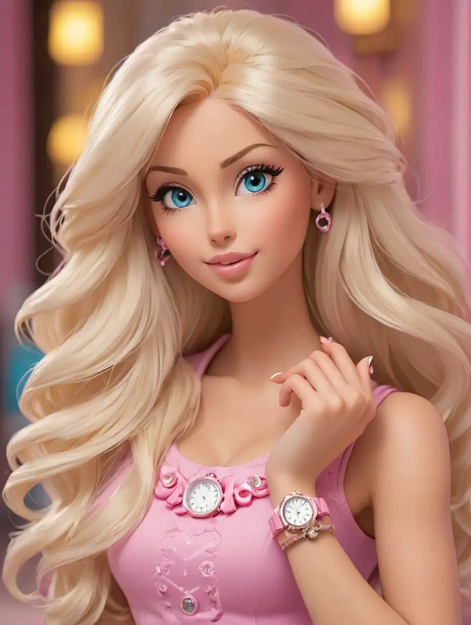 Human Barbie showing off a wrist watch
