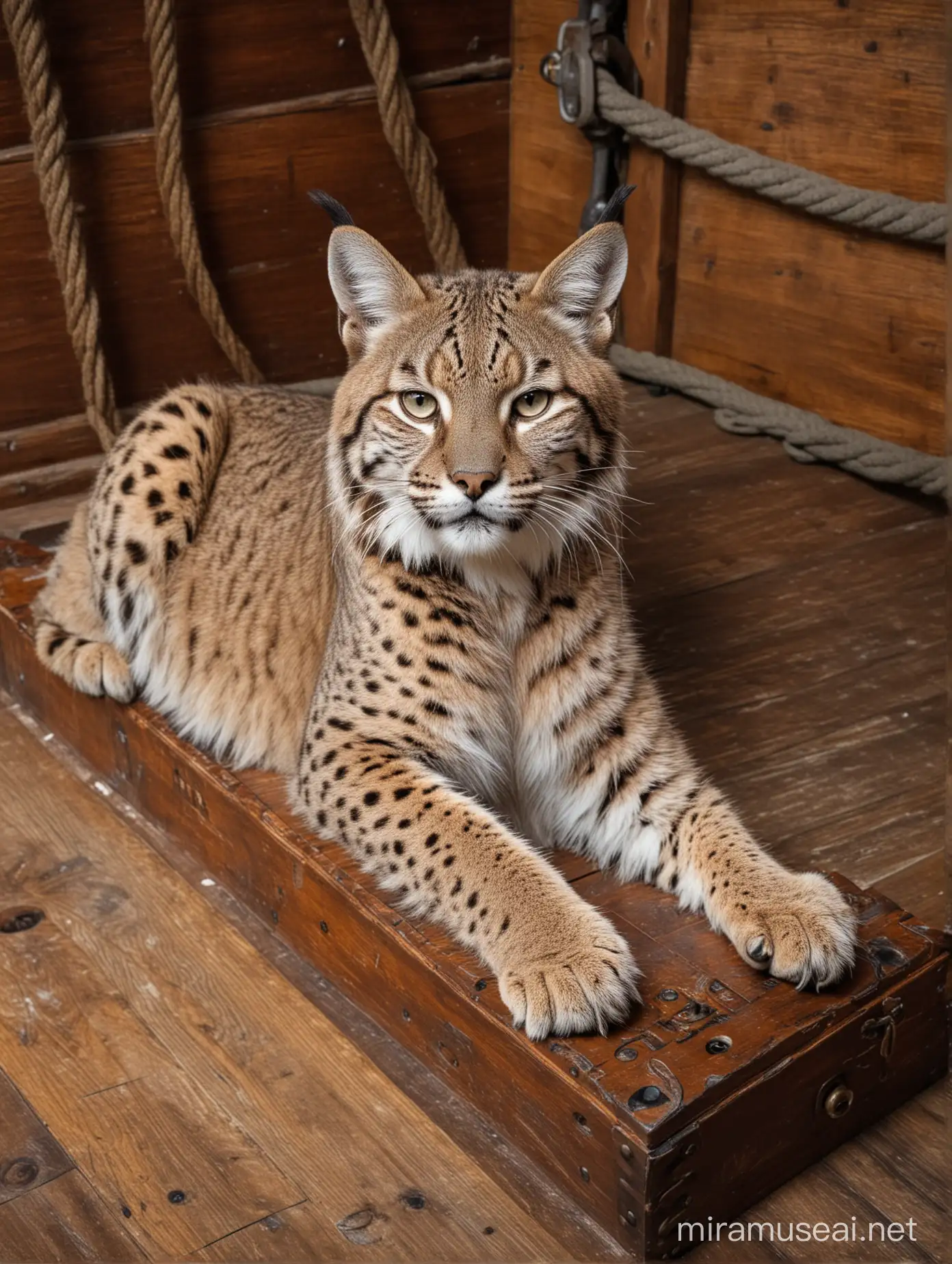 Bobcat, laying on wooden floor, on a pirate ship Captain quarters.