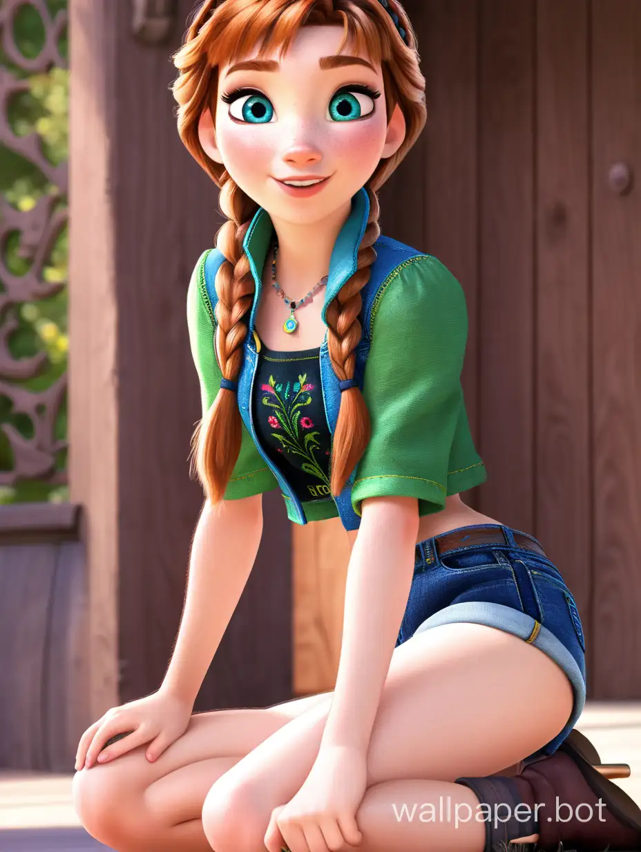 Princess Anna is wearing jean shorts and a crop top