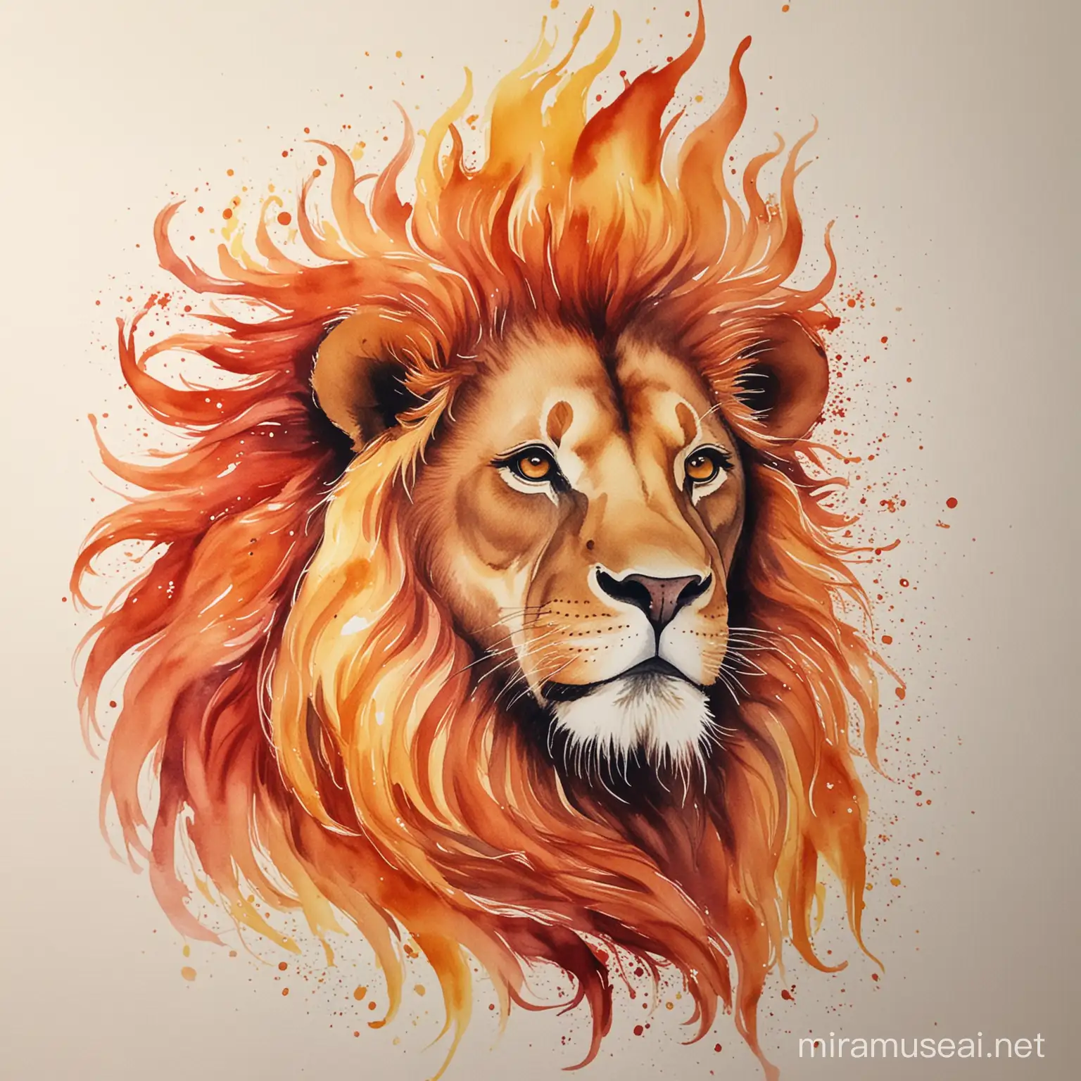 a lion with mane of fire: flames: in watercolor