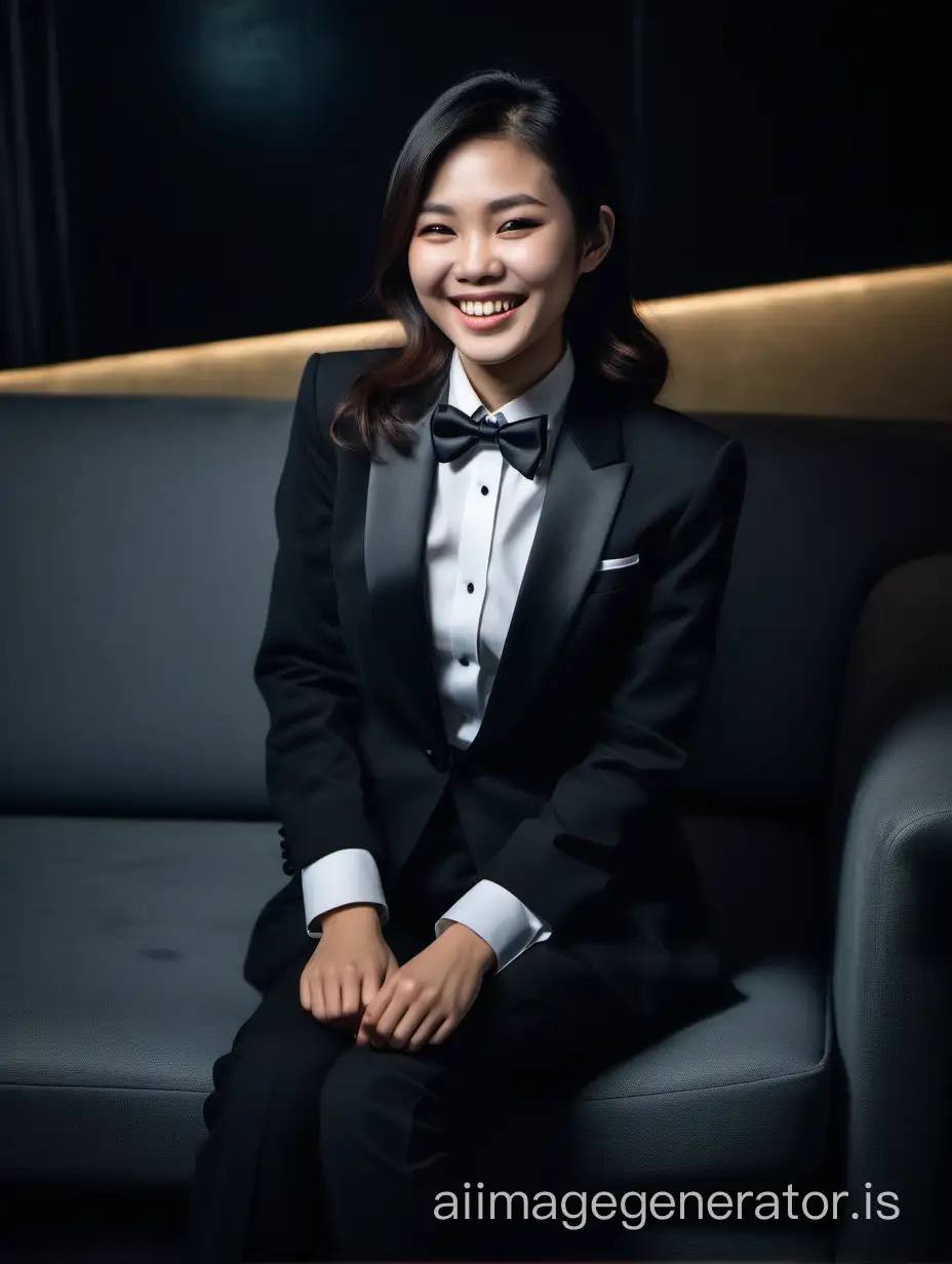An elegant and sophisticated Vietnamese woman with shoulder length hair is sitting on a couch in a dark room. She is wearing a tuxedo with a (white shirt with a black bow tie). Her pants are black. She is smiling and laughing.