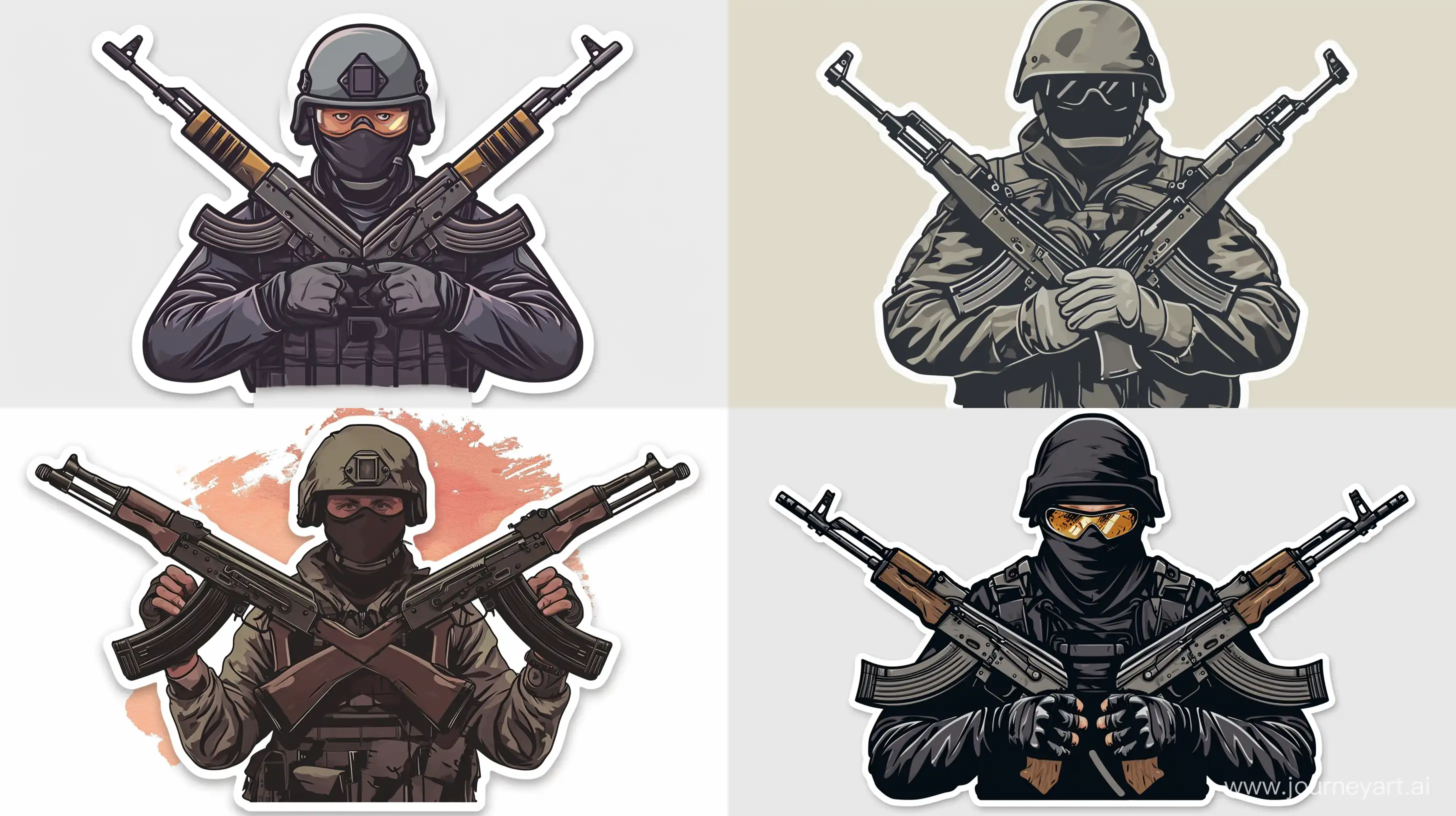 Sticker of a Russian tactical operator holding two crossed Ak12 with his hands --ar 16:9 --v 6.0