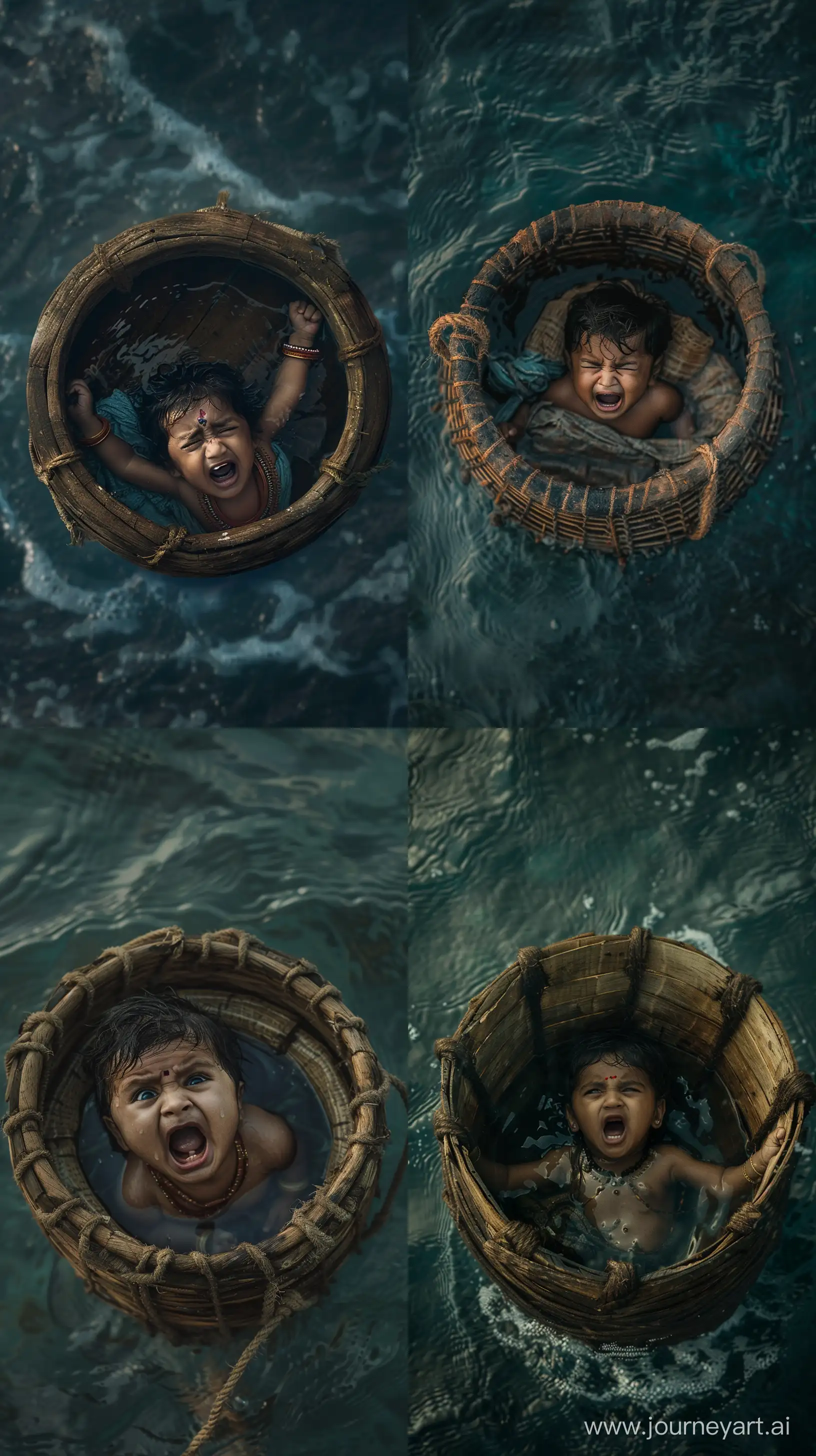 Ancient-Indian-Infant-Floating-in-Basket-on-Ocean-Realistic-Depiction