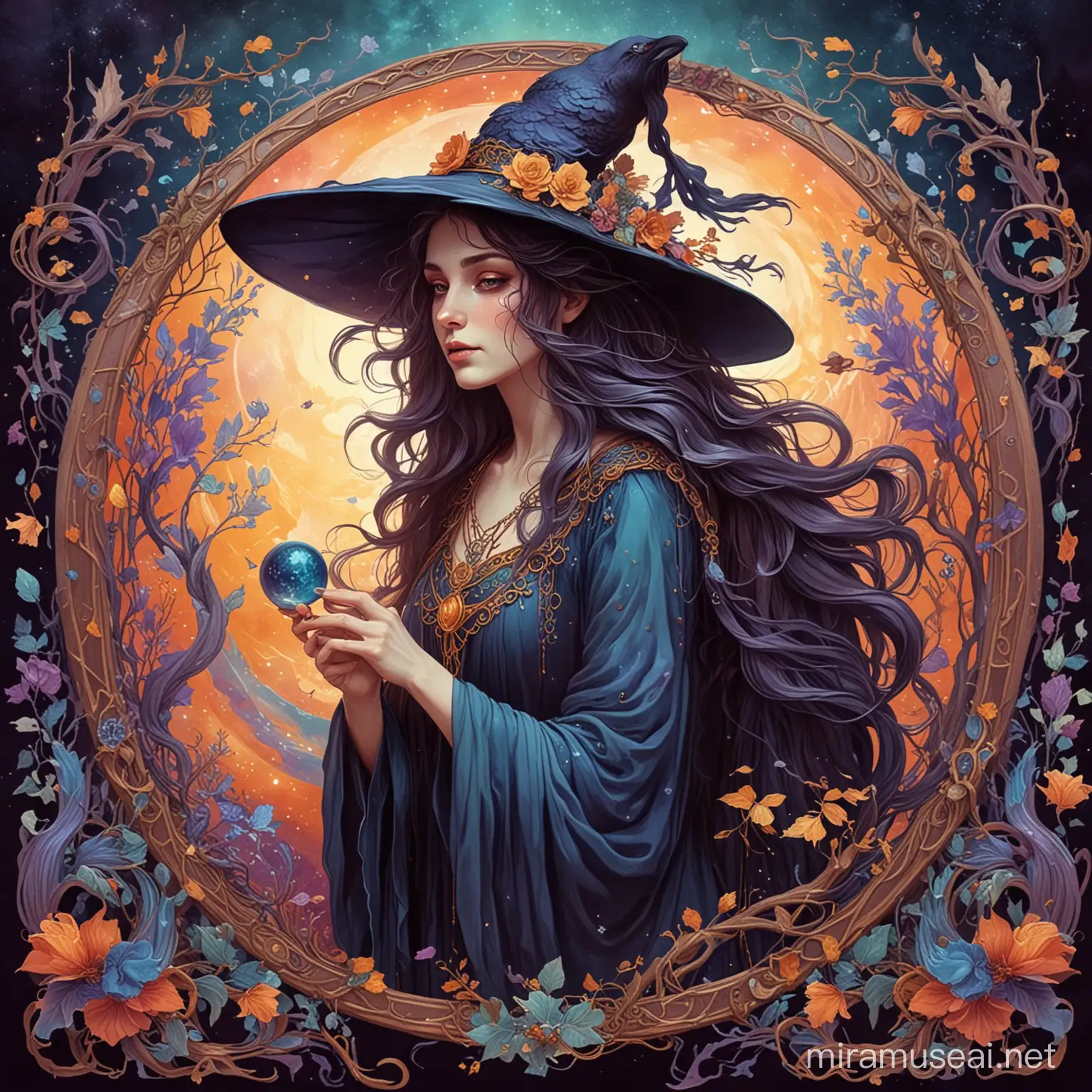 art nouveau style, ancient witch lost in a spell, mystical world, colorful