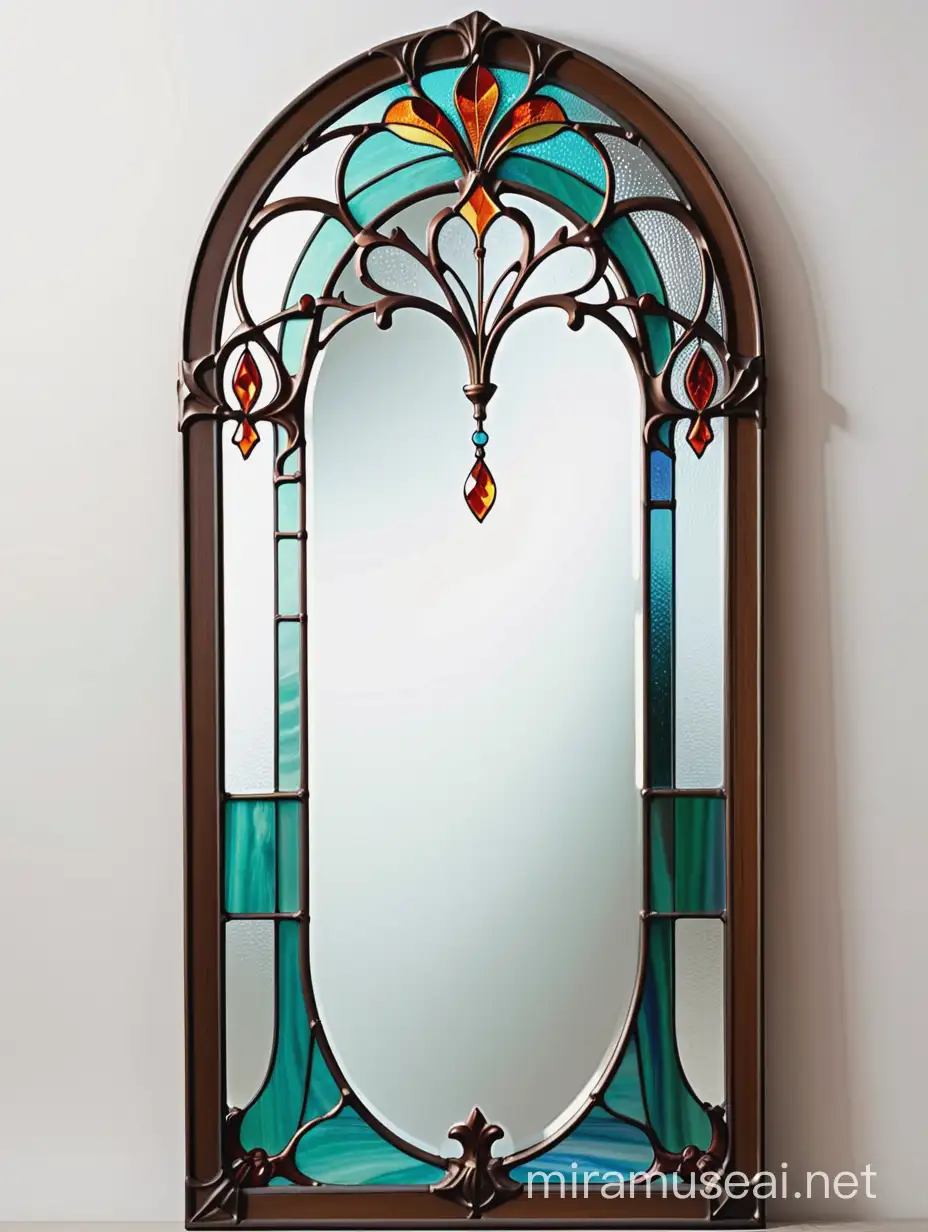 Art Nouveau Stained Glass Mirror Hanging on Wall in Tiffany Technique