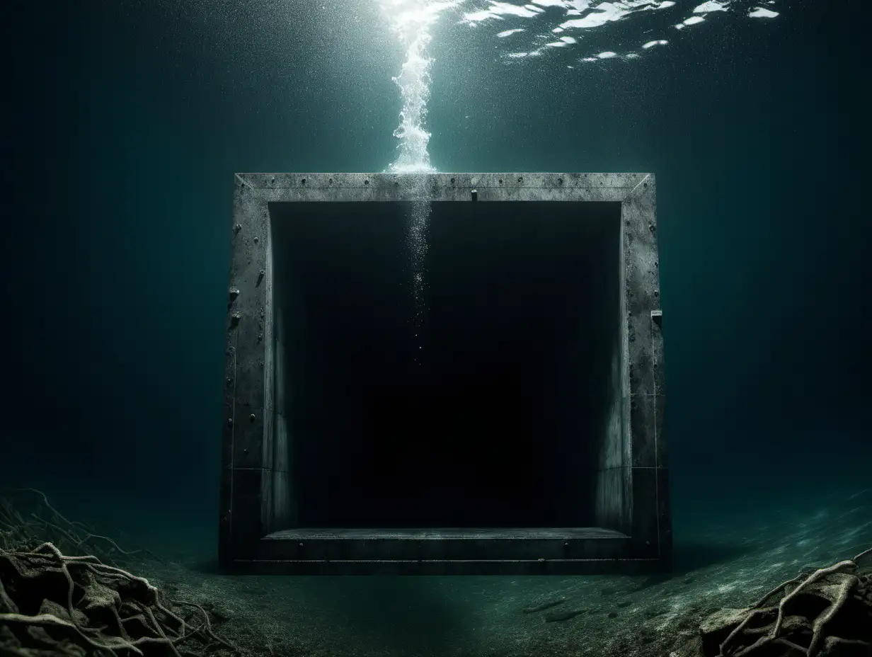 a dark square shaped tunnel opening underwater in the middle of a lake. revealing a secret entrance for vehicles to enter. water lightly pouring downward into the tunnel as it opens