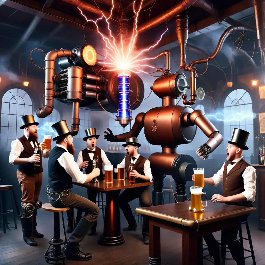 Steampunk Pub Celebration with Singing Electrical Engineers and Tesla Coil Ambiance