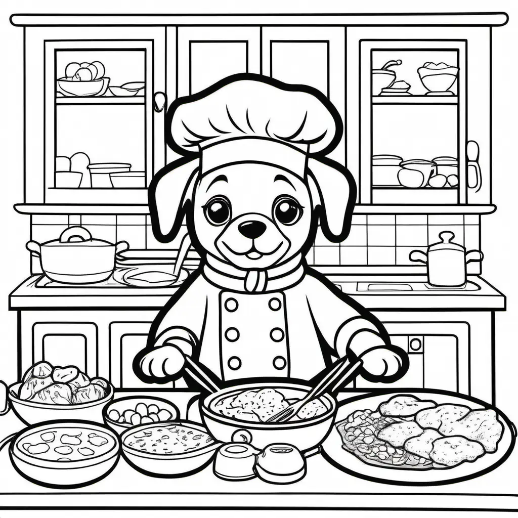 coloring book for kids, simple, adult coloring book, no detail, outline no color, puppy dog chef making breakfast,  fill frame, edge to edge, clipart white background --ar 17:22