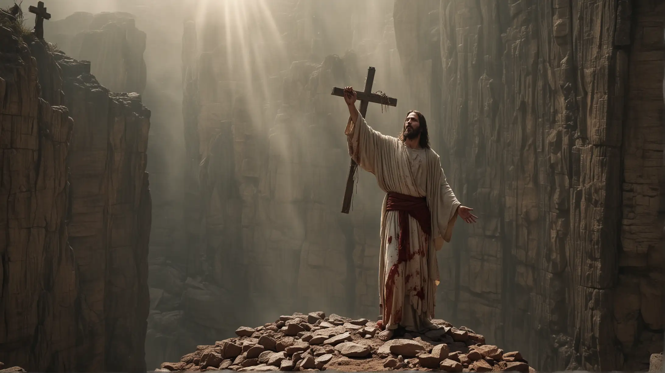 jesus, at the cross, blood shade, scars in hand, heaven roar, on top of stone cliff, wood cross, nails, from above, 1000 angels background, lightning strike, INRI, surrounded 100 jewish, epic. cinematic, so many blood, holy spirit down

