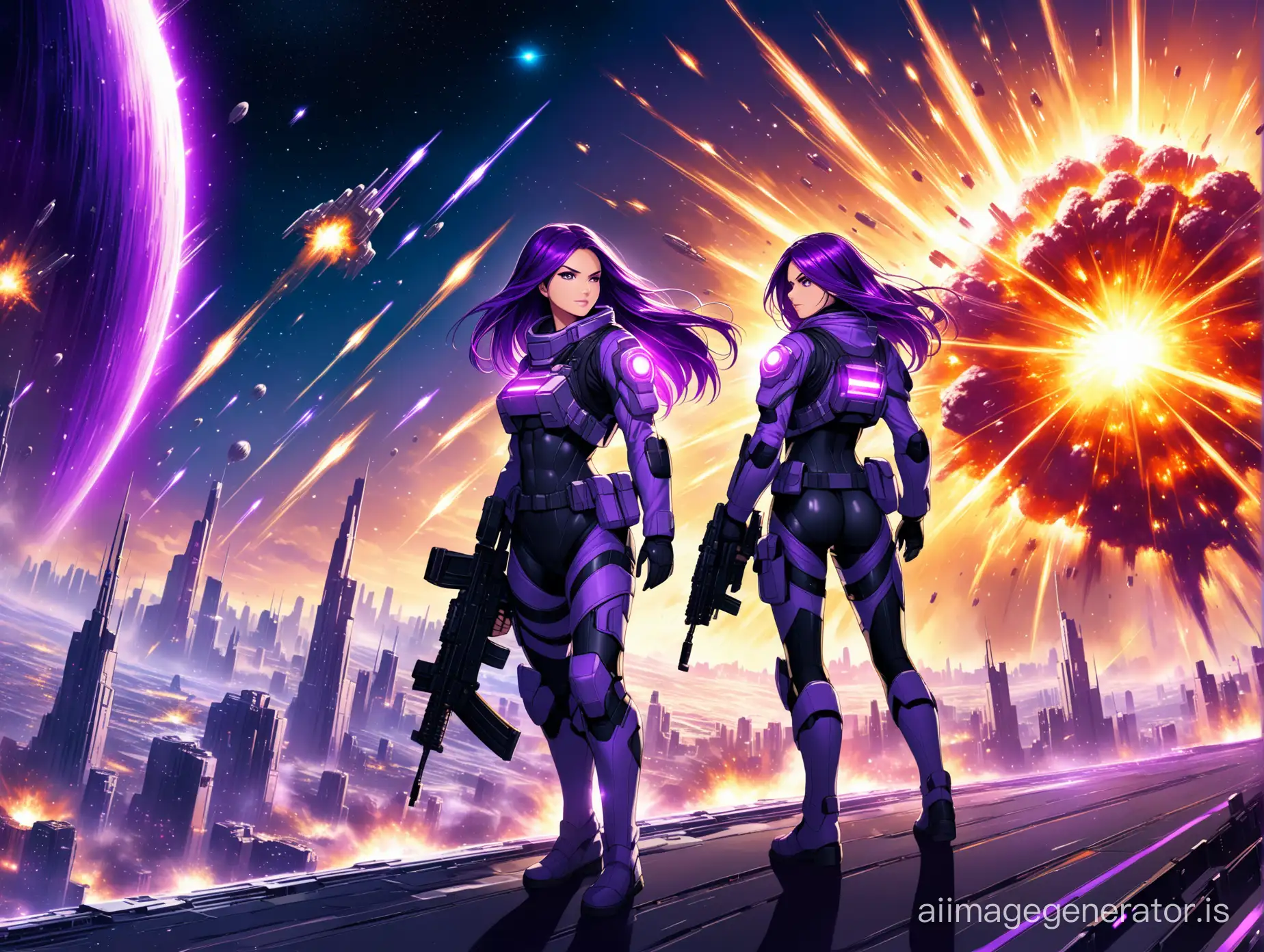 Purple-haired female soldier, city background in space war, explosion epic futurism bright light