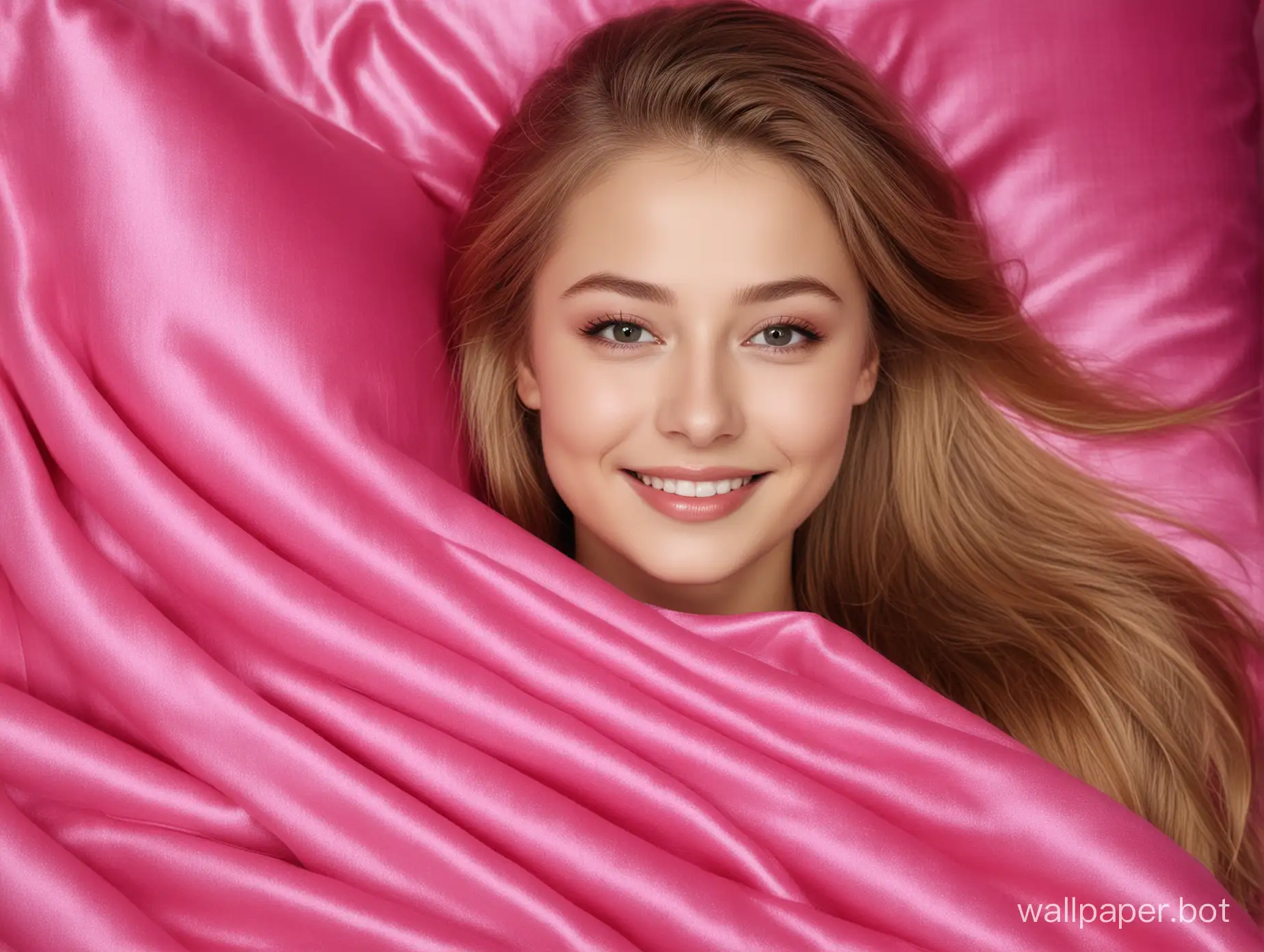 Sweet Yulia Lipnitskaya smiles with long straight silky hair in long Beautiful, gentle, Luxurious glamour natural hot pink fuchsia mulberry silk blanket and pillow