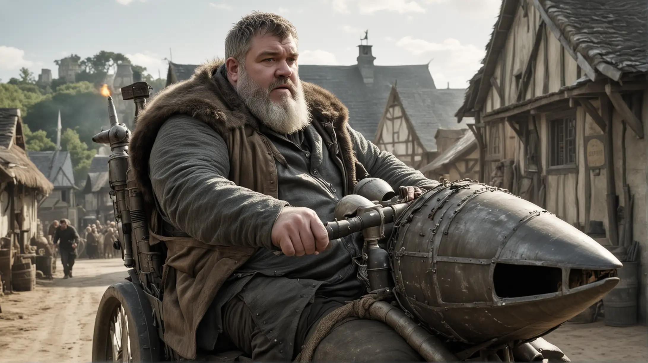 hodor from game of thrones but with dark hair, riding a rocket through a village