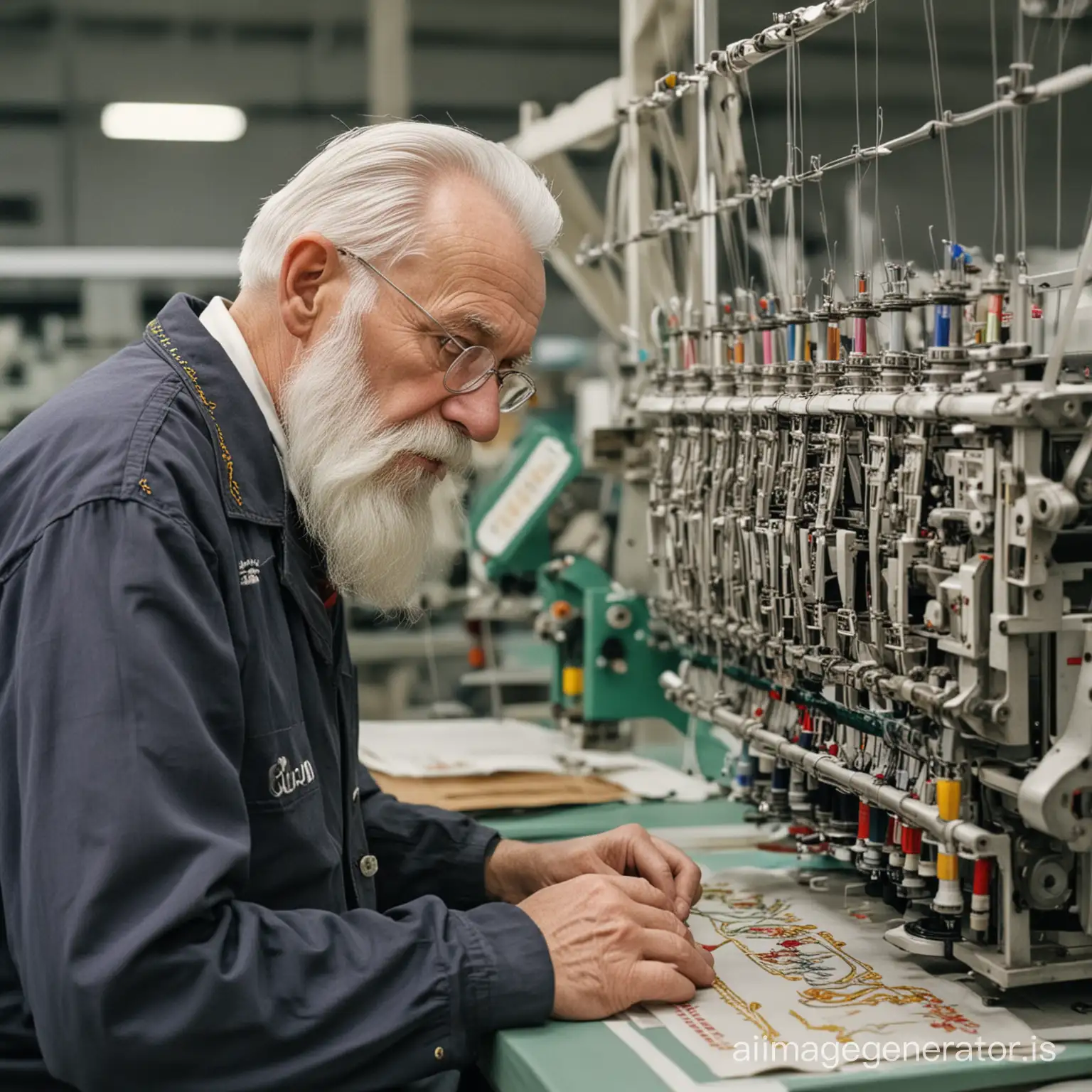 An old man with a white beard working with an industrial embroidery machine in a large factory in Germany