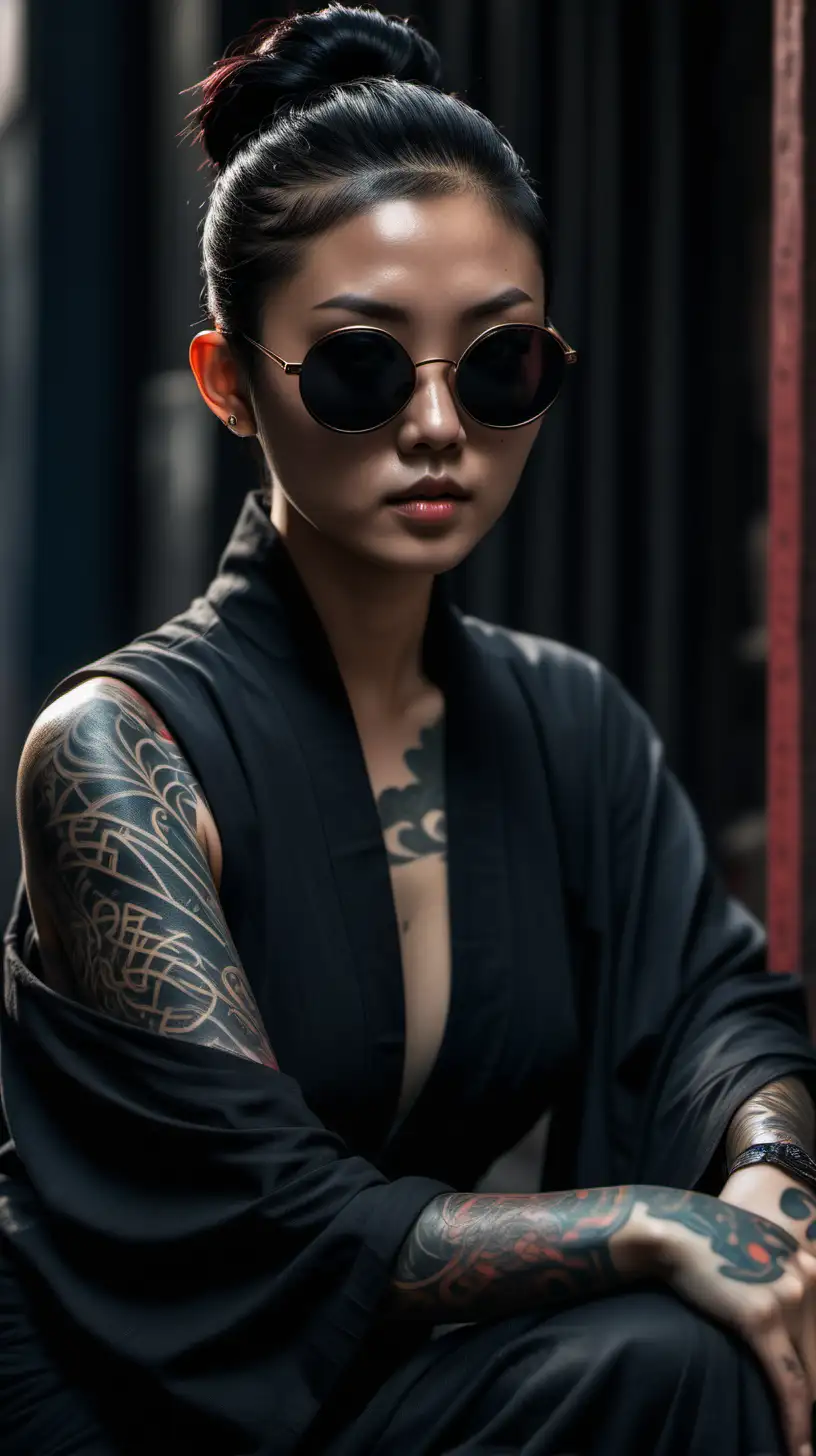 Hyperrealistic, Beautiful women with black round sunglasses is sitting on a asian street, black robe, dramatic pose, Buddhist tattoos on her arms, Blade runner style, editorial, medium angle, highly detailed, cinematic lighting, 4K, super HD, Canon EOS R5, long shot, shutter speed: 1/30 second, aperture f/2.8