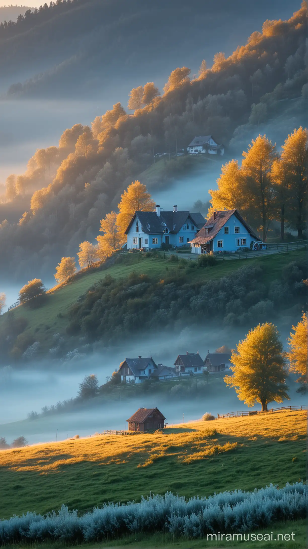 In a beautiful valley surrounded by mountains,beautiful trees and sunset, morning, misty, only one house settled in the middle of the valley,light blue themed,landscape