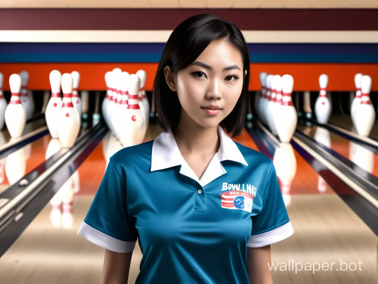 In the background are bowling alley lanes. In the foreground holding a bowling ball and wearing a team shirt is a gorgeous young petite Taiwanese woman, realistic detail