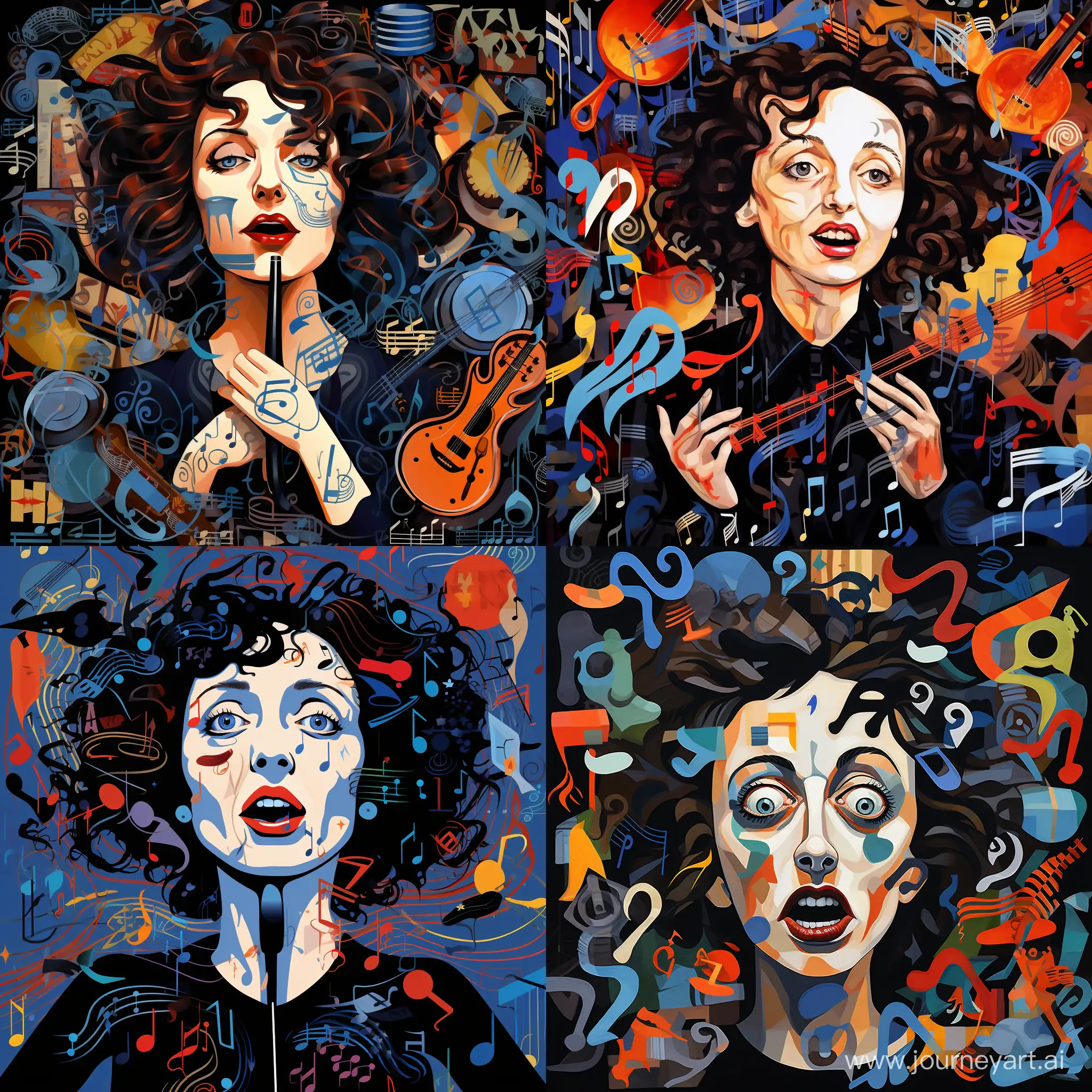 Waist portrait of Edith Piaf singing, surrounded by musical symbols, many details, complex dark colors, caricature, pop art style