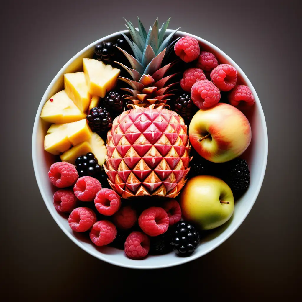 create an image Image: An aesthetically pleasing image showcasing delights in a bowl Apple, Peach, Pineapple ,Berry, raspberry, blackberry