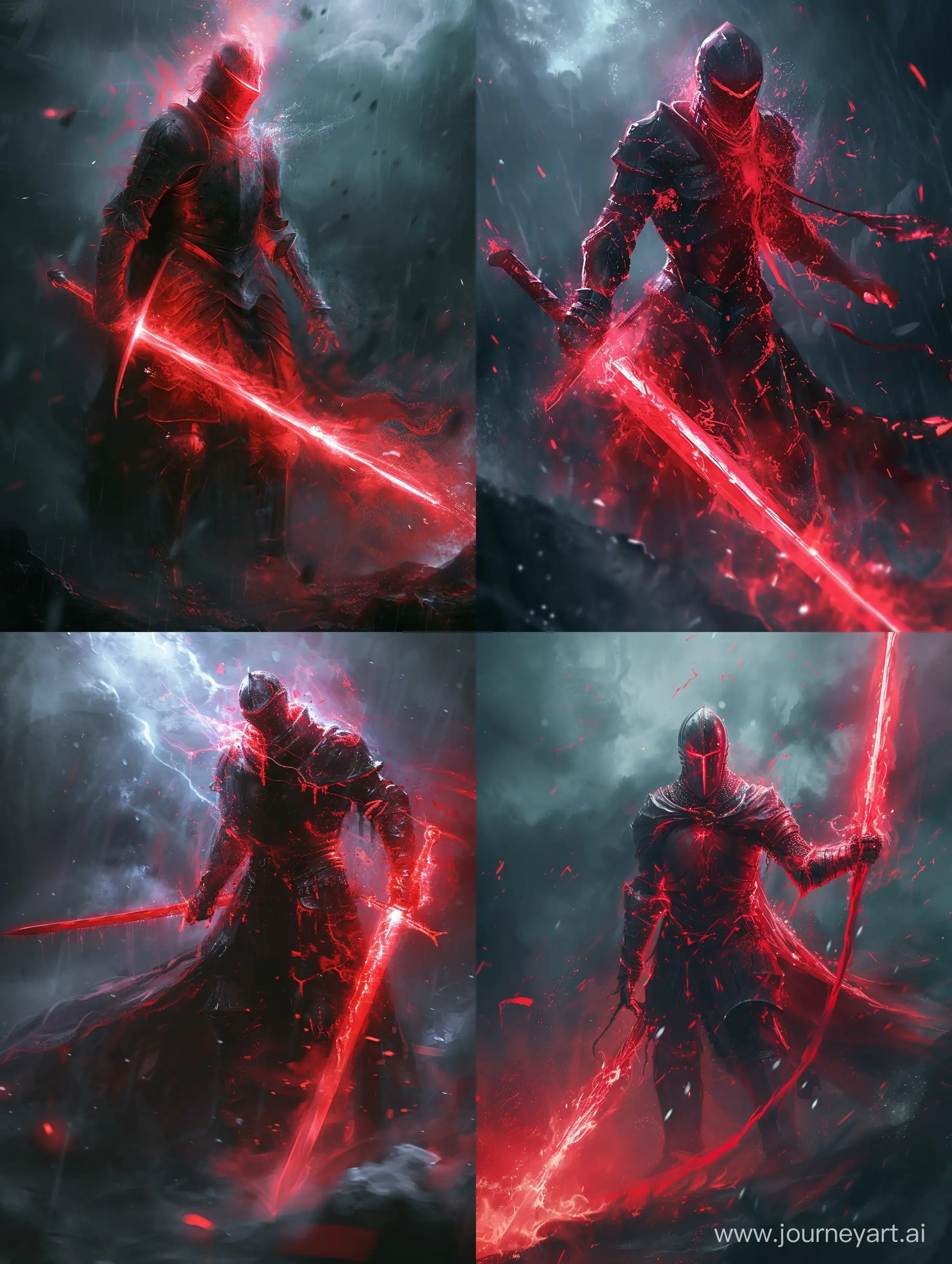 image of a glowing red knight emitting a crimson aura, red sword in one hand, dark, stormy background, cinematic quality