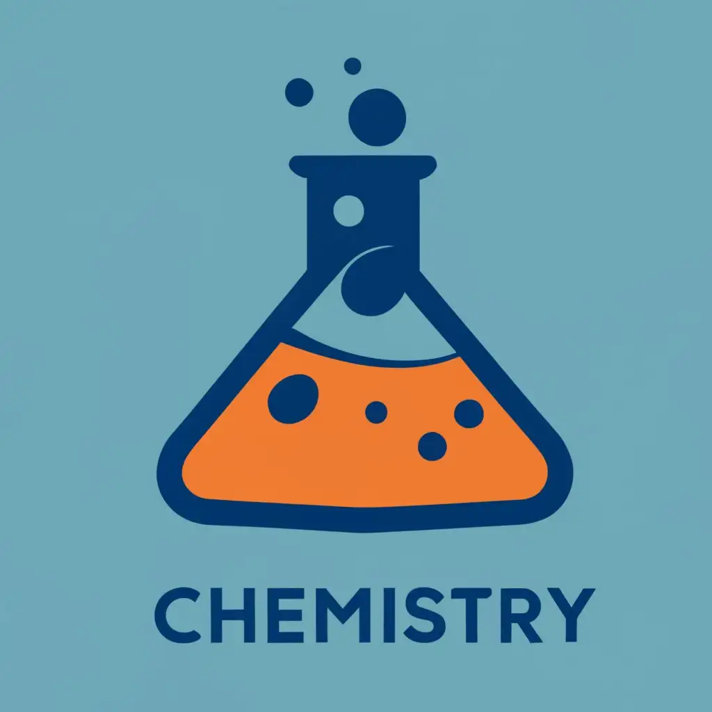logo, chemical flask in two colors - blue and orange, with the text "chemistry", typography