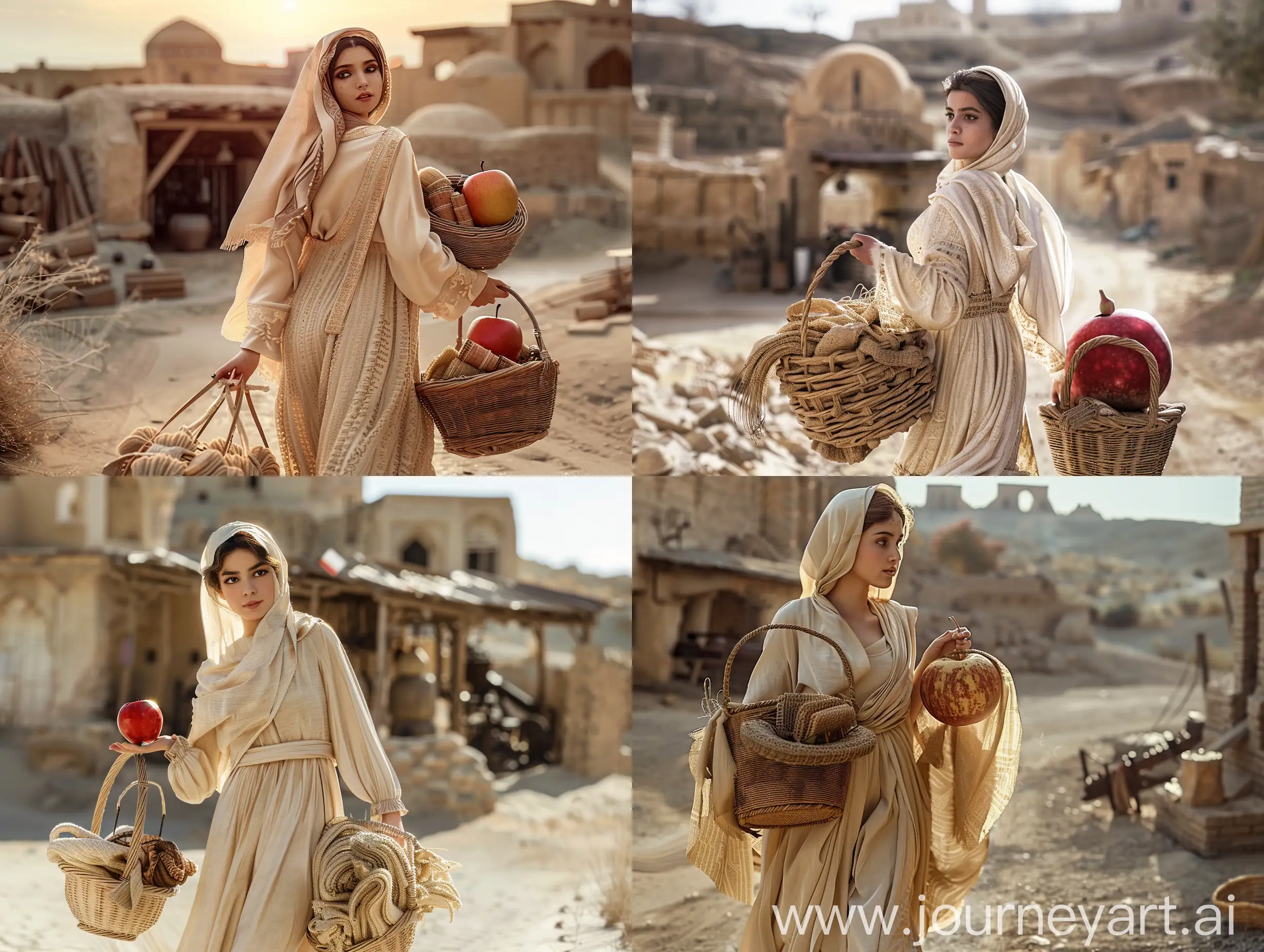 A young Persian woman wearing a cream-colored dress and headscarf, holding a basket full of woven shawls in one hand and an big apple the size of a watermelon in the other basket, is walking towards an old blacksmith shop in the Bam citadel of Kerman. in a desert, in an ancient civilization, cinematic, epic realism,8K, highly detailed, glamour lighting, backlit 