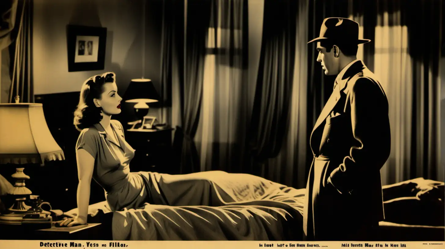 real photo film lobby card, for a 1940s film noir called “Lonely Eyes” , detective man and femme fatale woman in a 1940s bedroom, smoky romance
