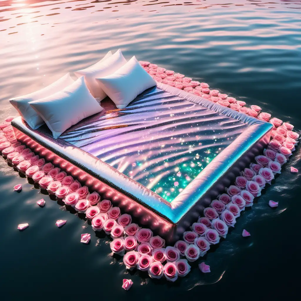 Luxurious Iridescent Bed Surrounded by Sparkling Sea and Floating Pink Roses