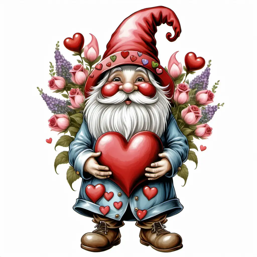 valentine fantasy, whimsical full body, one gnome short long beard, big decorated hat covering their eyes,holding a heart bouquet,clipart, white 
background 
